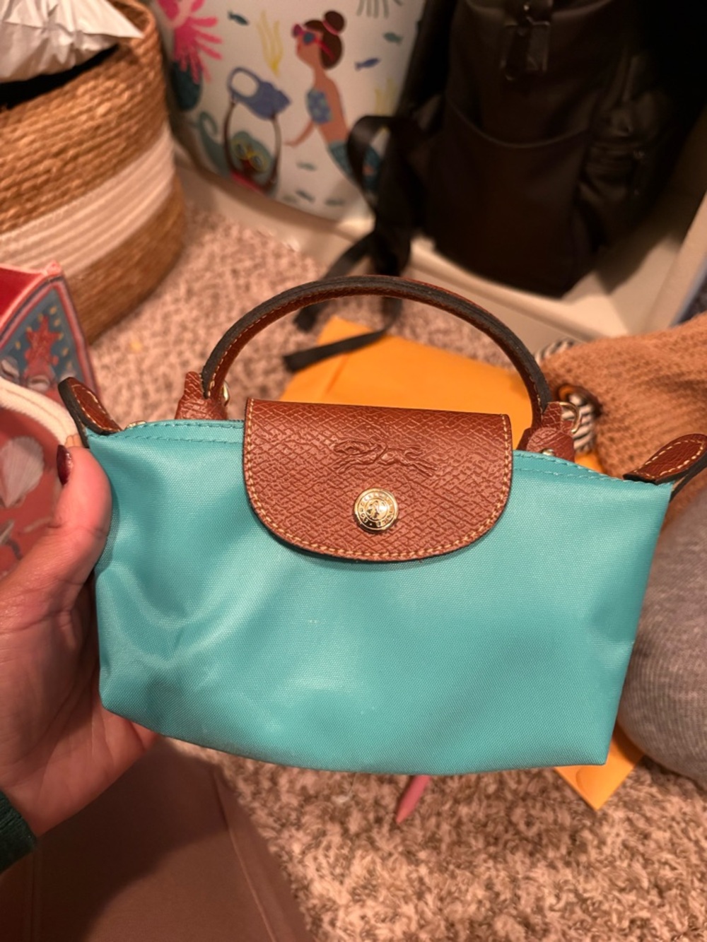 Aqua Blue Mini Crossbody with Brown Leather Trim